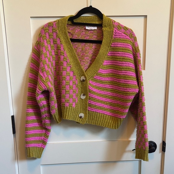 Vibrant Pink and Olive Women's Cardigan - Picture 1 of 4